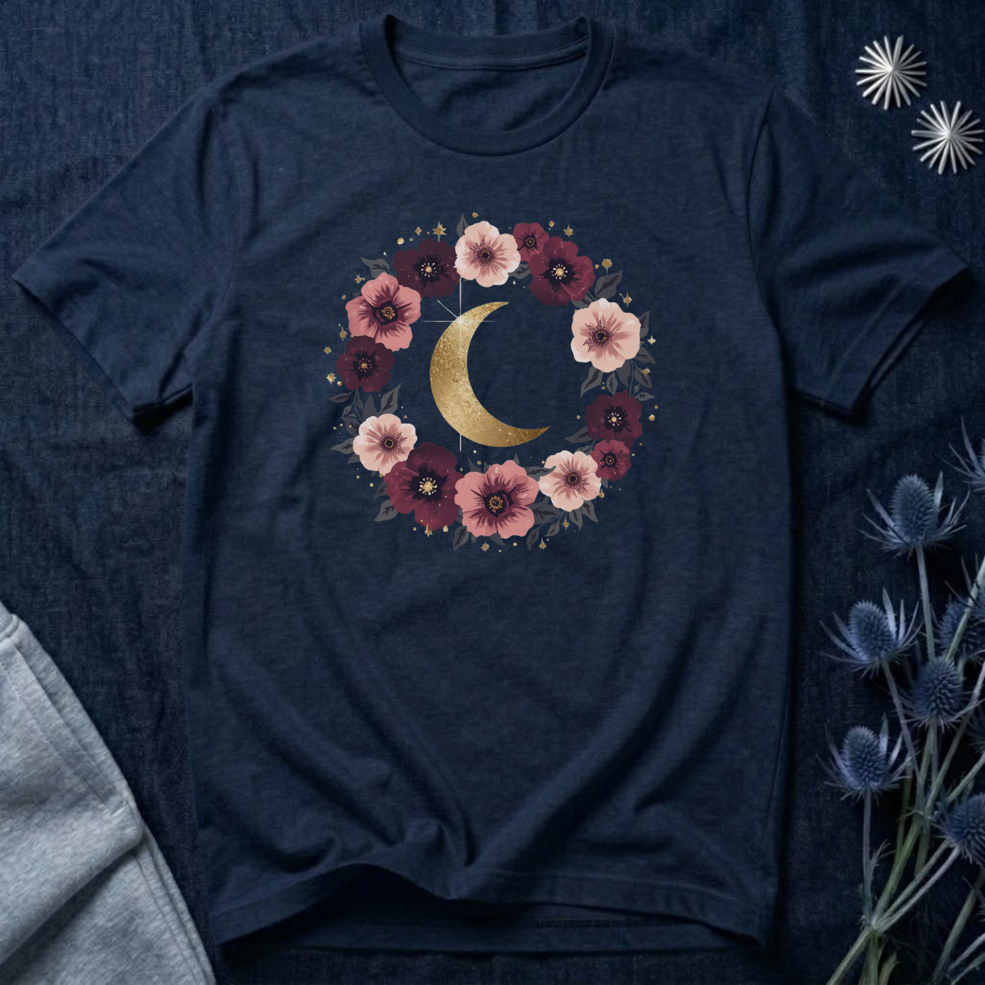 Golden Moon Floral Wreath Graphic T-Shirt