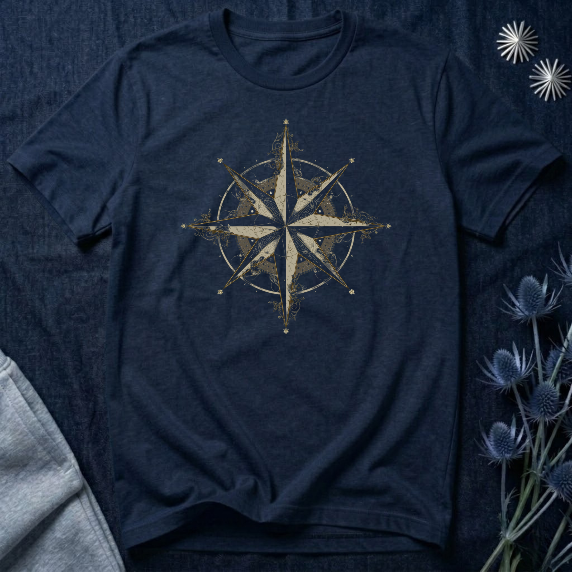 Ornate Celestial Compass Star Graphic T-Shirt