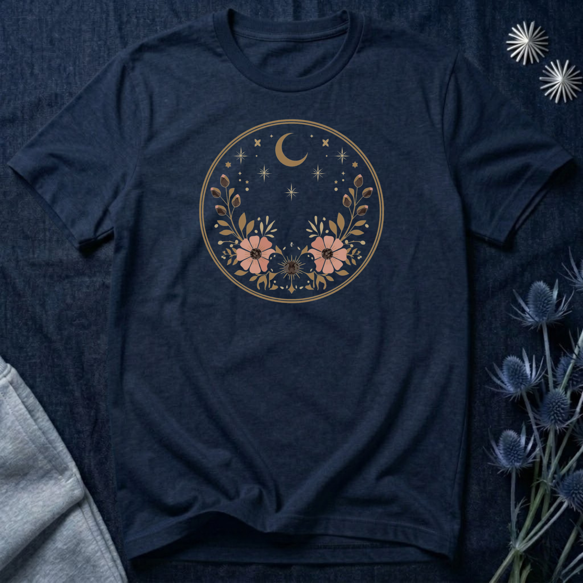 Minimal Celestial Floral Moon Graphic Tee