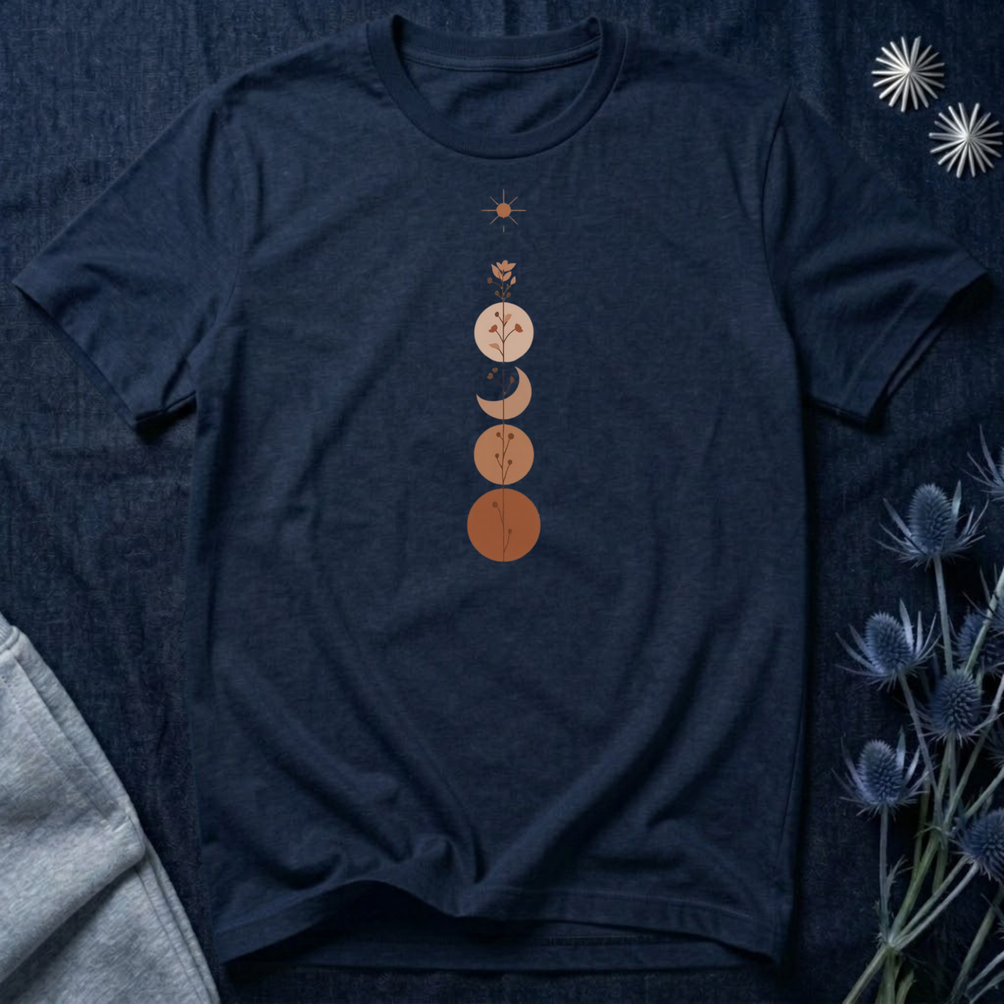 Warm Scandinavian Crescent Moon and Flowers T-Shirt