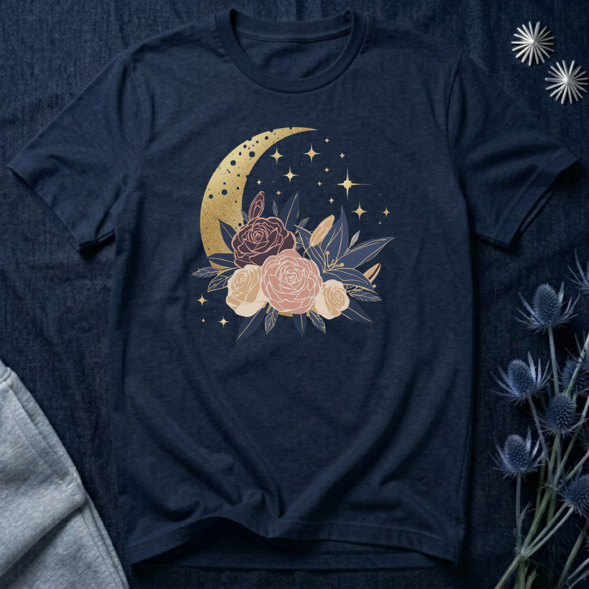 Golden Moon & Roses Celestial Graphic T-Shirt