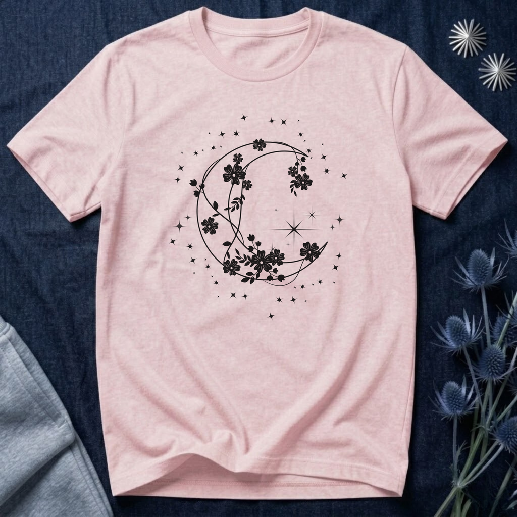 Crescent Moon Stars and Flowers T-Shirt