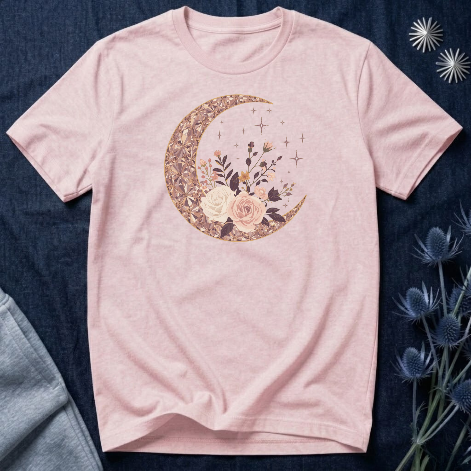 Rose Gold Celestial Moon Floral Graphic T-Shirt