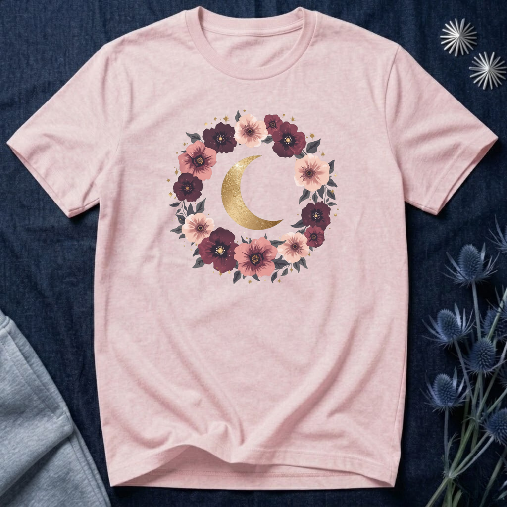 Golden Moon Floral Wreath Graphic T-Shirt