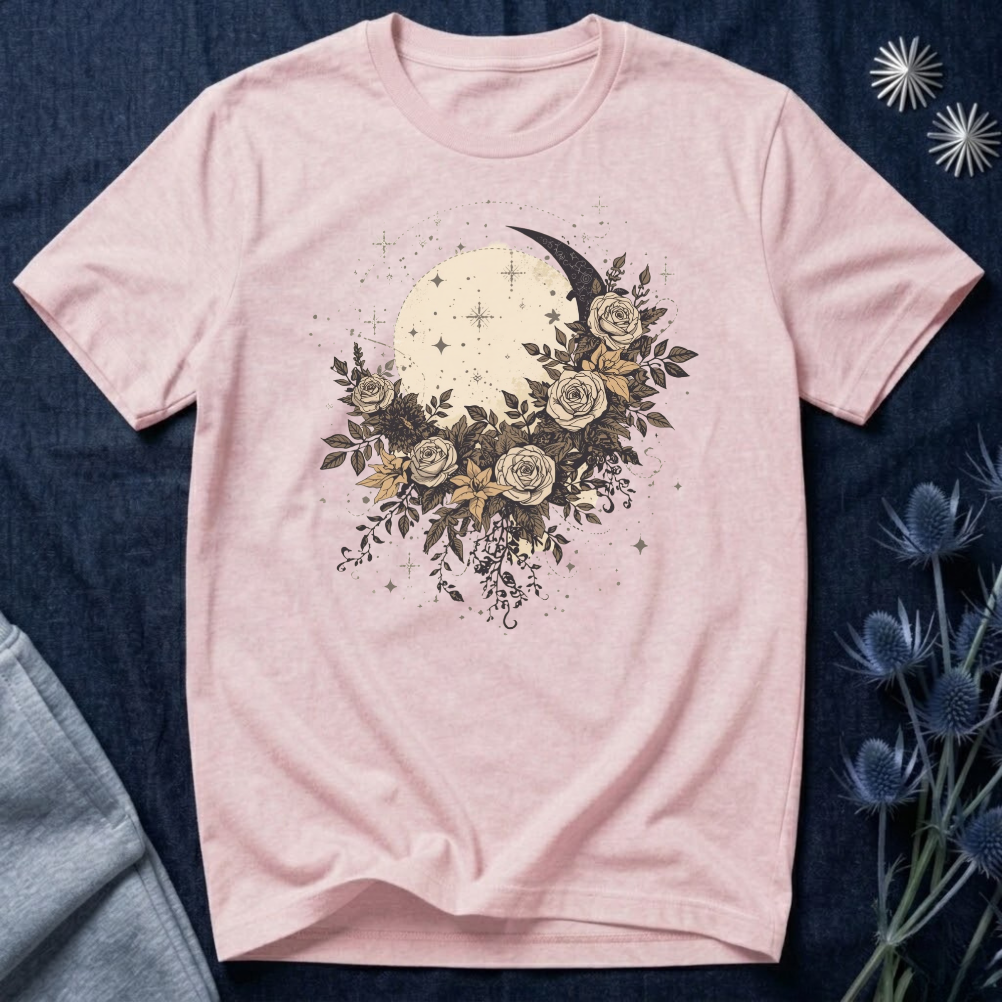 Celestial Moon & Roses Graphic T-Shirt