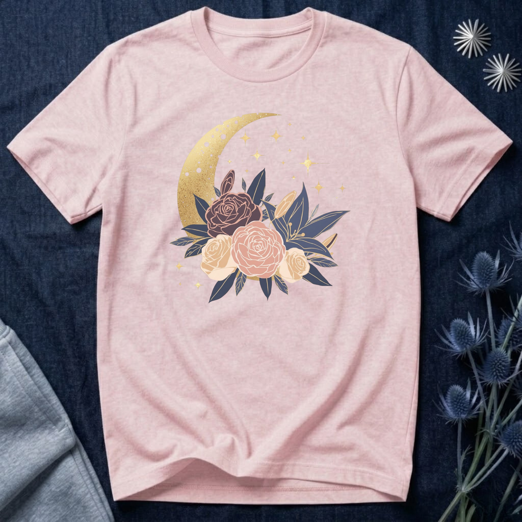 Golden Moon & Roses Celestial Graphic T-Shirt