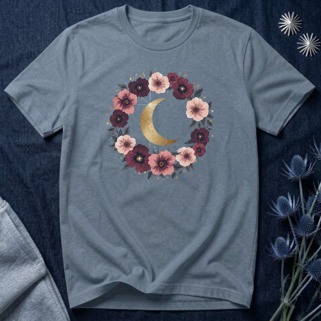 Golden Moon Floral Wreath Graphic T-Shirt