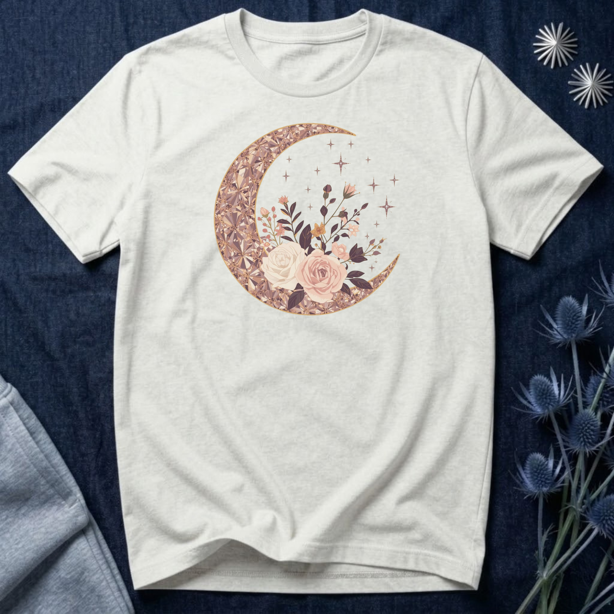 Rose Gold Celestial Moon Floral Graphic T-Shirt