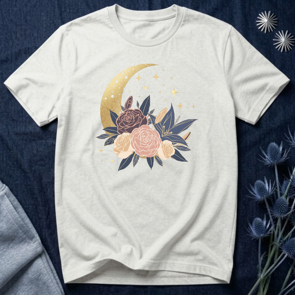 Golden Moon & Roses Celestial Graphic T-Shirt