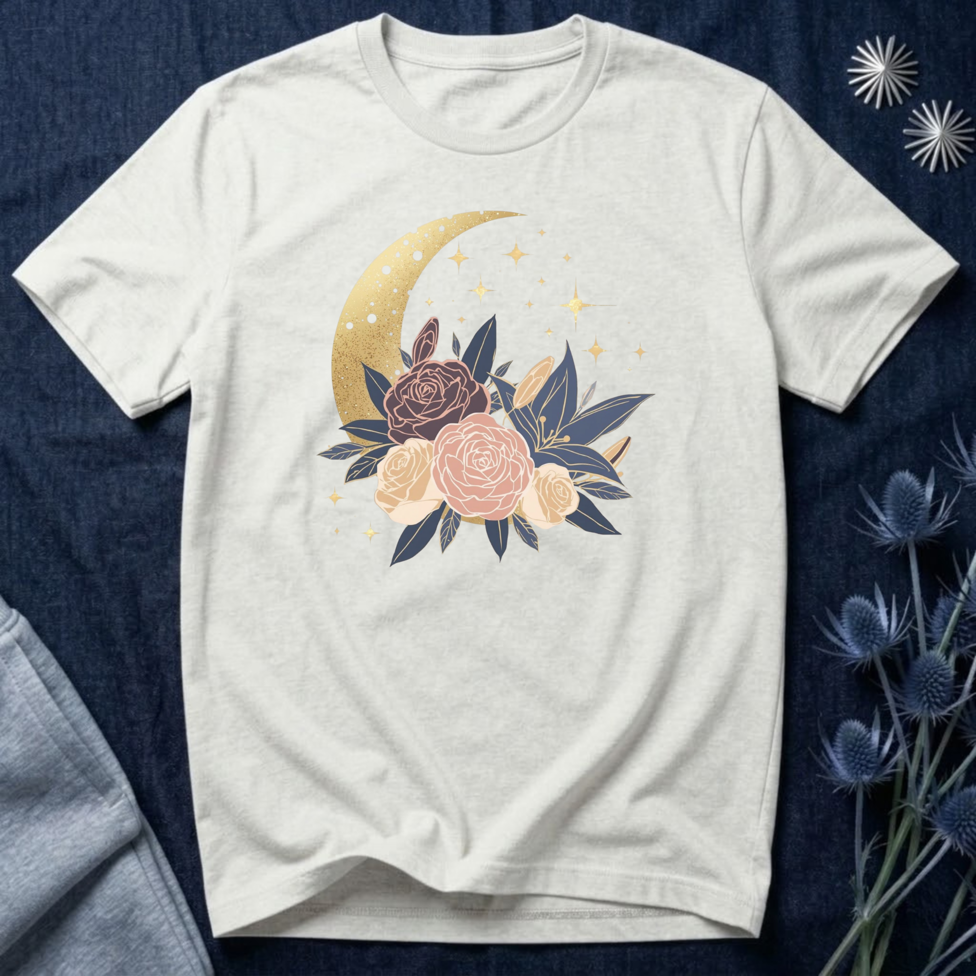 Golden Moon & Roses Celestial Graphic T-Shirt
